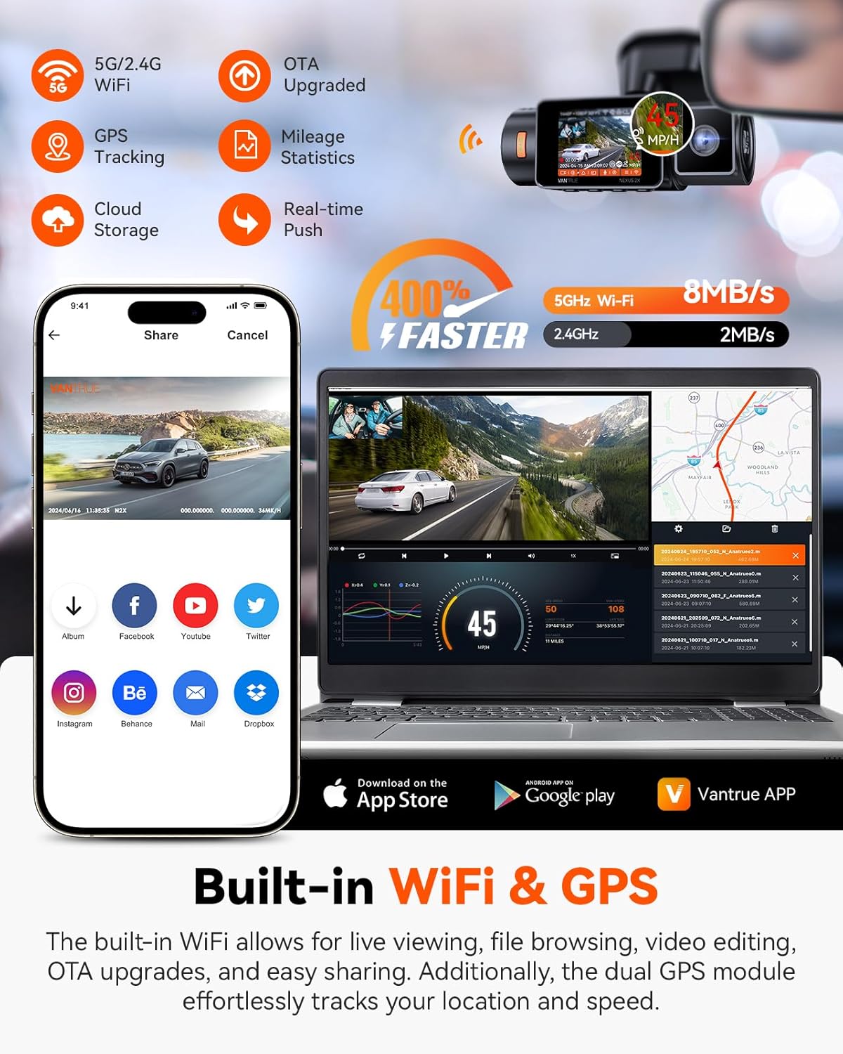 Vantrue N2X 2.7K Dash Cam Front and Inside, 5G WiFi Dual Dash Camera for Car with HDR IR Night Vision, STARVIS 2, GPS, 2.5K/60FPS, G-Sensor, 24/7 Parking Mode, Voice Control, Support 512GB Max