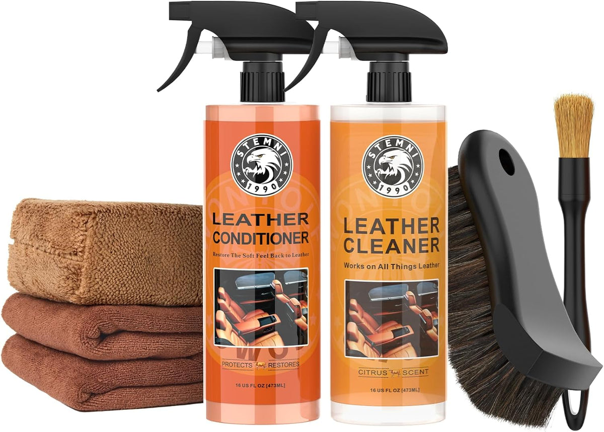 Car Leather Cleaner and Conditioner Kit, Leather Care Cleaning Kit with Horse Hair Cleaning Brush - Safe for Car Interiors, Furniture, Boots, Bags & Apparel - Deep Cleaning, Non-Greasy Restorer
