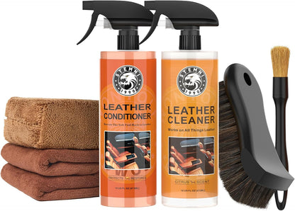 Car Leather Cleaner and Conditioner Kit, Leather Care Cleaning Kit with Horse Hair Cleaning Brush - Safe for Car Interiors, Furniture, Boots, Bags & Apparel - Deep Cleaning, Non-Greasy Restorer
