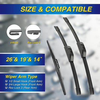 5 PLUS® Silicone Windshield Wipers Replacement for 2019-2024 Toyota RAV4/ 2006-2015 Mazda 5 Wiper Blades(Set of 3), Windshield Wiper Blades For My Car-26"/16"/12" - Colors C