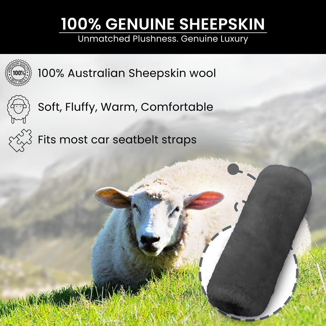 Andalus Brands 2 Pack Genuine Merino Wool Sheepskin Seat Belt Cover – Soft Shoulder Pad, Neck Cushion Protector – Authentic Car Accessories (Pearl)