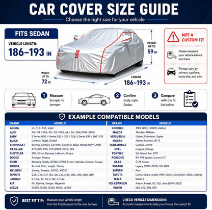 Car Cover for Sedan, Waterproof All Weather Heavy Duty, 360° Underbody Wrap Windproof Design, Quick Install Outdoor Vehicle Cover, Fits 186-193 in