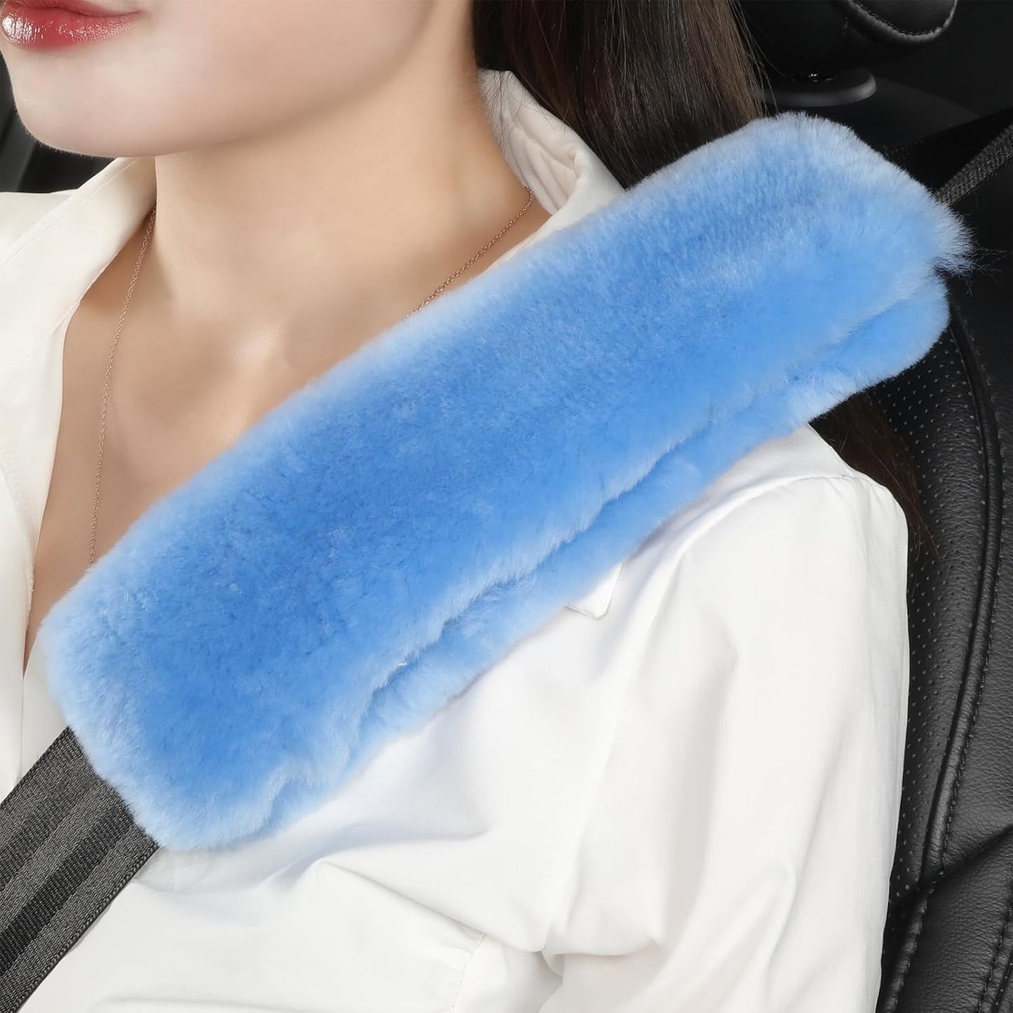 AOGELAN 2 Pack Black Fluffy Fuzzy Genuine Sheepskin Car Seat Belt Cover Pad, Seatbelt Cushion for Soft Auto Lambswool Shoulder Strap Cushion Adults (2, Black)