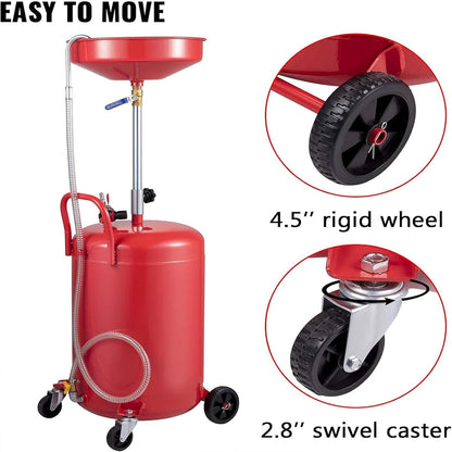 VEVOR Oil Drain Container, 20 Gallon Waste Oil Drain Tank, Portable Oil Lift Drain Pan Air Operated Drainer, Fluid Fuel Drainage Adjustable Funnel Height with Pressure Regulating Valve & Wheel