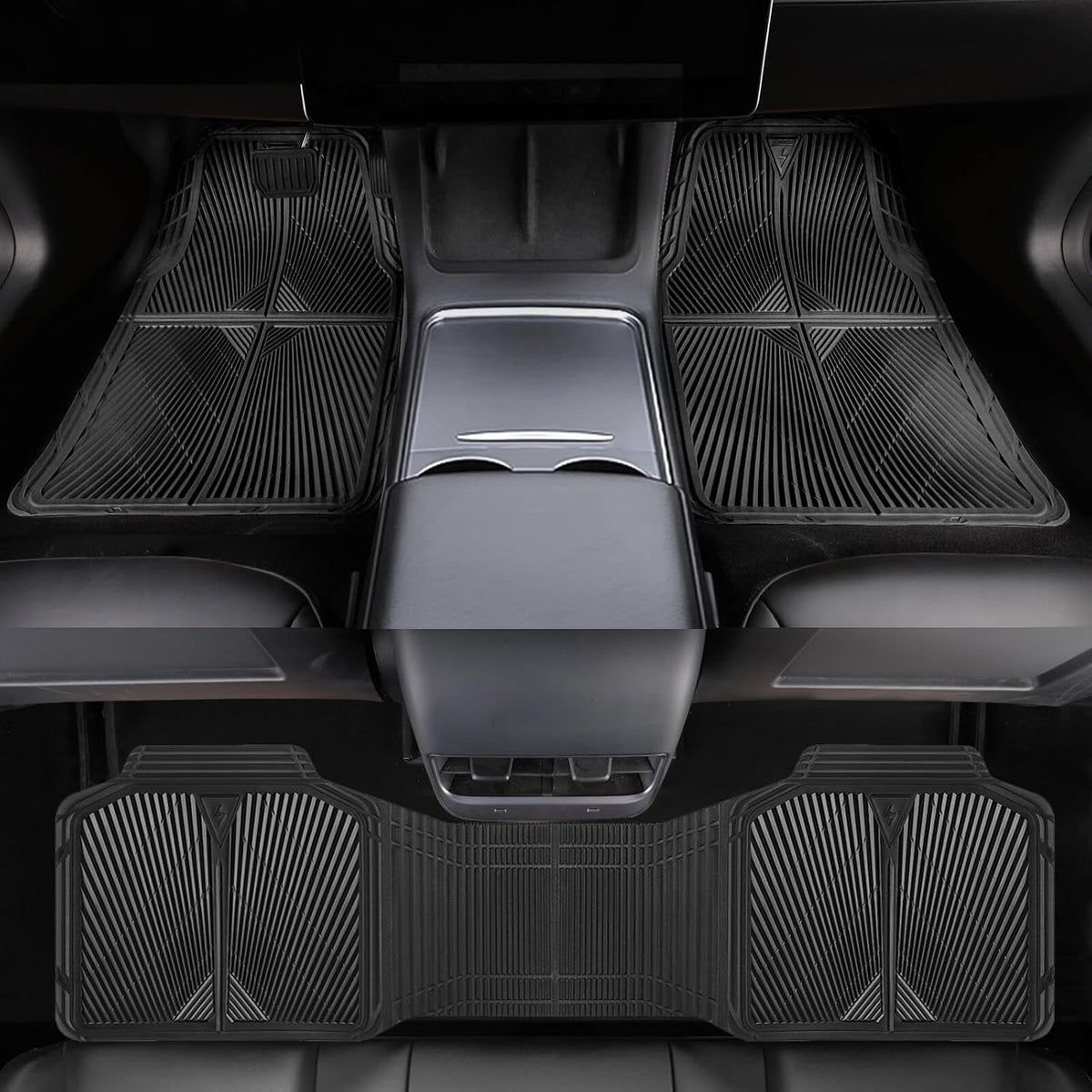 CAR PASS Rubber Floor Mats, All Weather Waterproof Trim-to-Fit Automotive Mats for Cars Trucks SUV, Anti-Slip Easy Clean, Heavy Duty Full Set 3-Piece, All Black