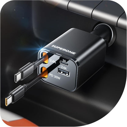 SUPERONE Retractable Car Charger for iPhone with Dual Type C Cables, 4 in 1 USB C Car Charger Adapter with 69W Fast Charging Compatible with iPhone 17 16 15 14 13 12 11 Pro/XS/XR/SE/iPad/Airpods