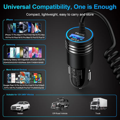 48W Super Fast Car Charger USB C Rapid Android Car Adapter with 30W Built-in Type C Fast Charging Cable for Samsung Galaxy S26 S25 S24 S23 Ultra S22 S21 S20 FE A16 A15 A14 A54 A53 A23 A13 Z Flip 7 6