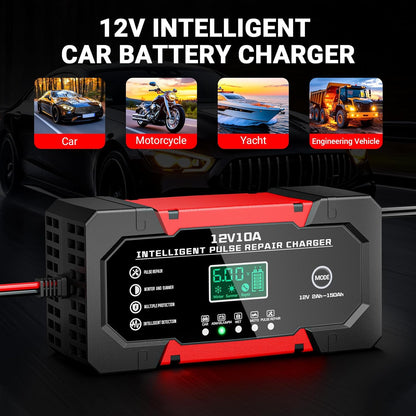 Battery Charger 15A 12V Fully Automatic Smart Trickle Car Battery Charger Maintainer with LCD Display & Temperature Compensation for Car Truck Motorcycle Lawn Mower Boat