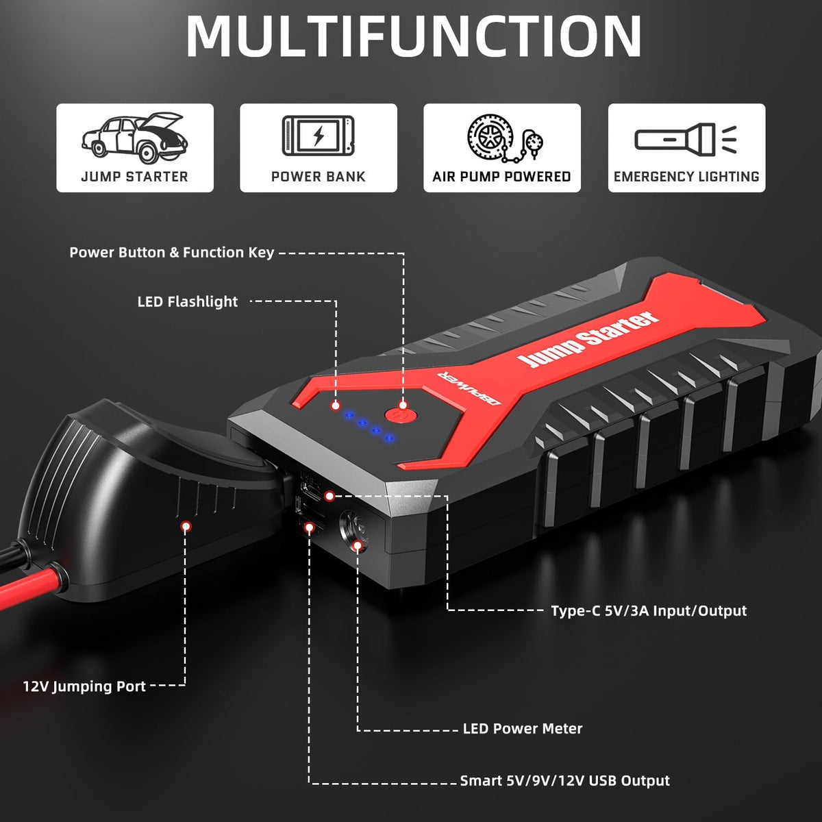 DBPOWER 5000A/80.66Wh Portable Car Jump Starter (UP to 8.0L Gas/6.5L Diesel Engines) 12V Auto Lithium-Ion Battery Booster with Smart Clamp Cables, Quick Charge, and LED, Storage Bag