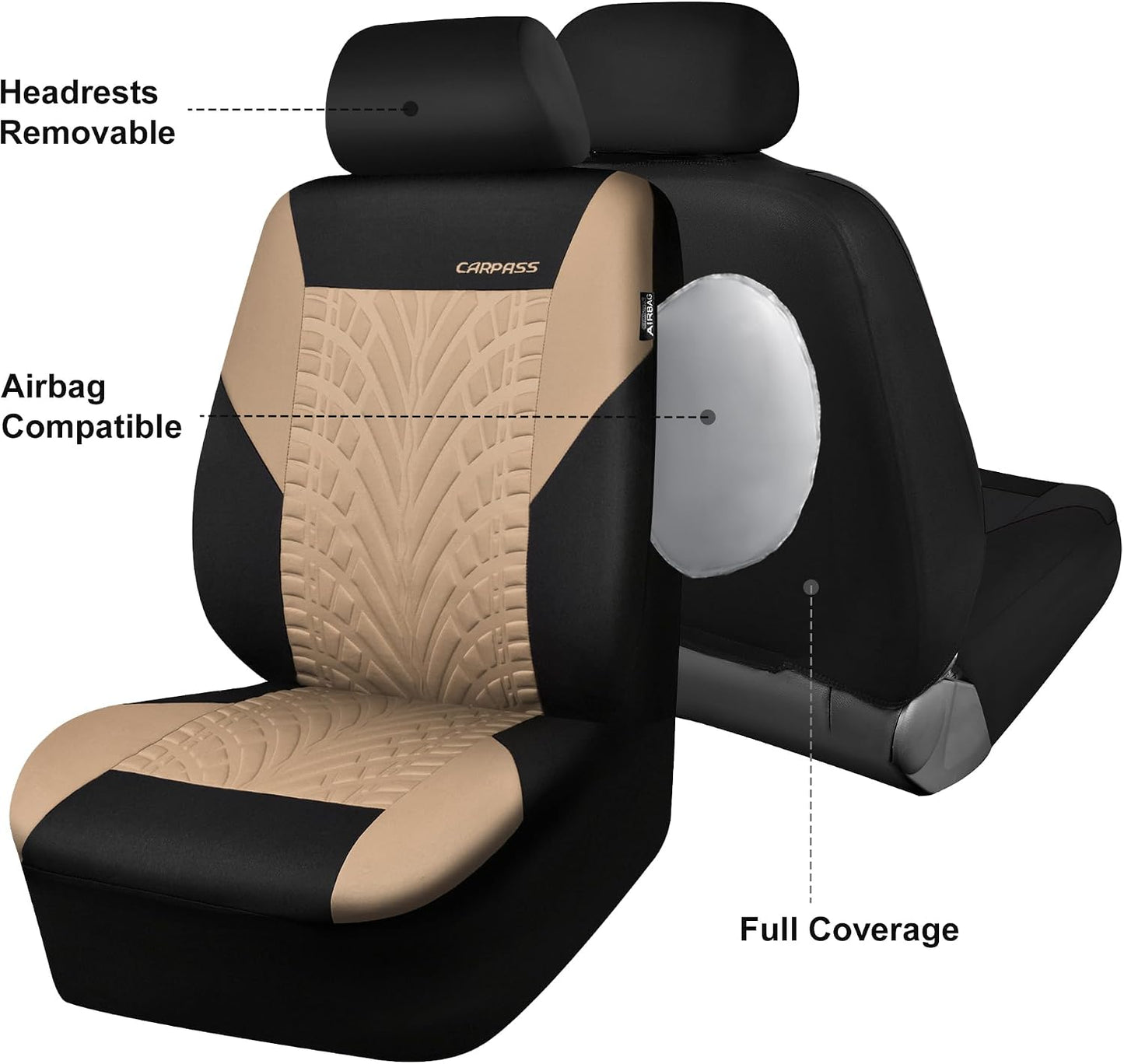 CAR PASS Car Seat Covers Full Sets, Front & Split Rear Bench for Car, 3D Tyre Embossed Automotive Interior Covers, Airbag Compatible, Quick Setup Universal Fit Seat Covers for Car, SUV(Charcoal)