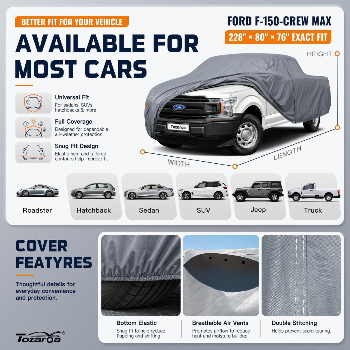 SUV Cover Waterproof All-Weather,Outdoor Full Exterior Automobiles SUV(Length 182-190 inch) with Windshield Sun Shade Universal Fit Toyota RAV4,CRV,Model Y,Q5,Size S2 (See SizeChart)