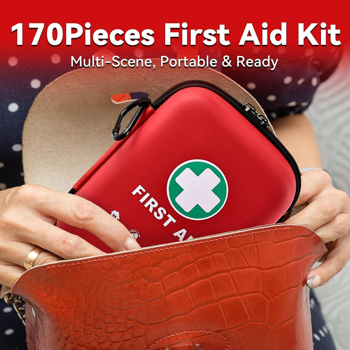 General Medi First Aid Kit - 170 Pieces Hard Case and Lightweight - Great for Travel, Home, Office, Vehicle, Camping, Workplace & Outdoor (Red)