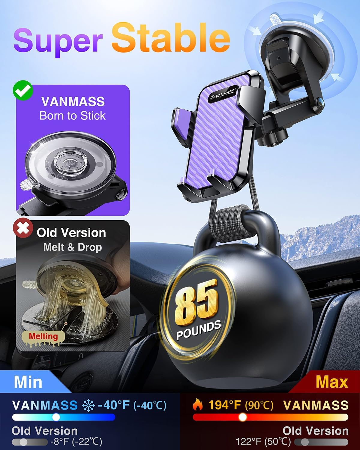 VANMASS【85+LBS Strongest Suction & Military-Grade Ultimate Car Phone Mount【Patent & Safety Certs】 Cell Phone Holder for Dash Windshield Vent for iPhone 17 Pro Max Automobile Accessory Kits,Ink Black