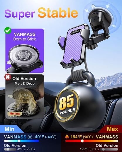 VANMASS【85+LBS Strongest Suction & Military-Grade Ultimate Car Phone Mount【Patent & Safety Certs】 Cell Phone Holder for Dash Windshield Vent for iPhone 17 Pro Max Automobile Accessory Kits,Ink Black