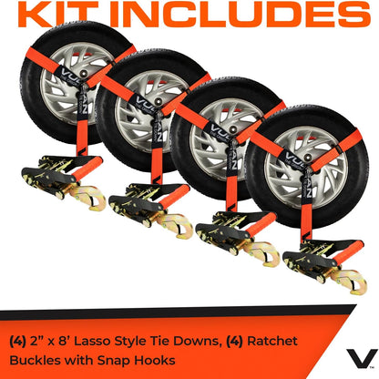VULCAN Car Tie Down with Flat Hooks - Lasso Style - 2 Inch x 96 Inch - 4 Pack - Silver Series - 3,300 Pound Safe Working Load