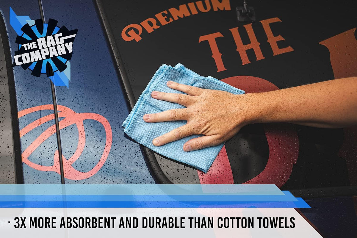 The Rag Company - Standard Waffle Weave Towels, Microfiber Detailing, Window/Glass and Drying, Wax & Polish, Lint-Free, Streak-Free, 370gsm, 16in x 16in, Light Blue (3-Pack)