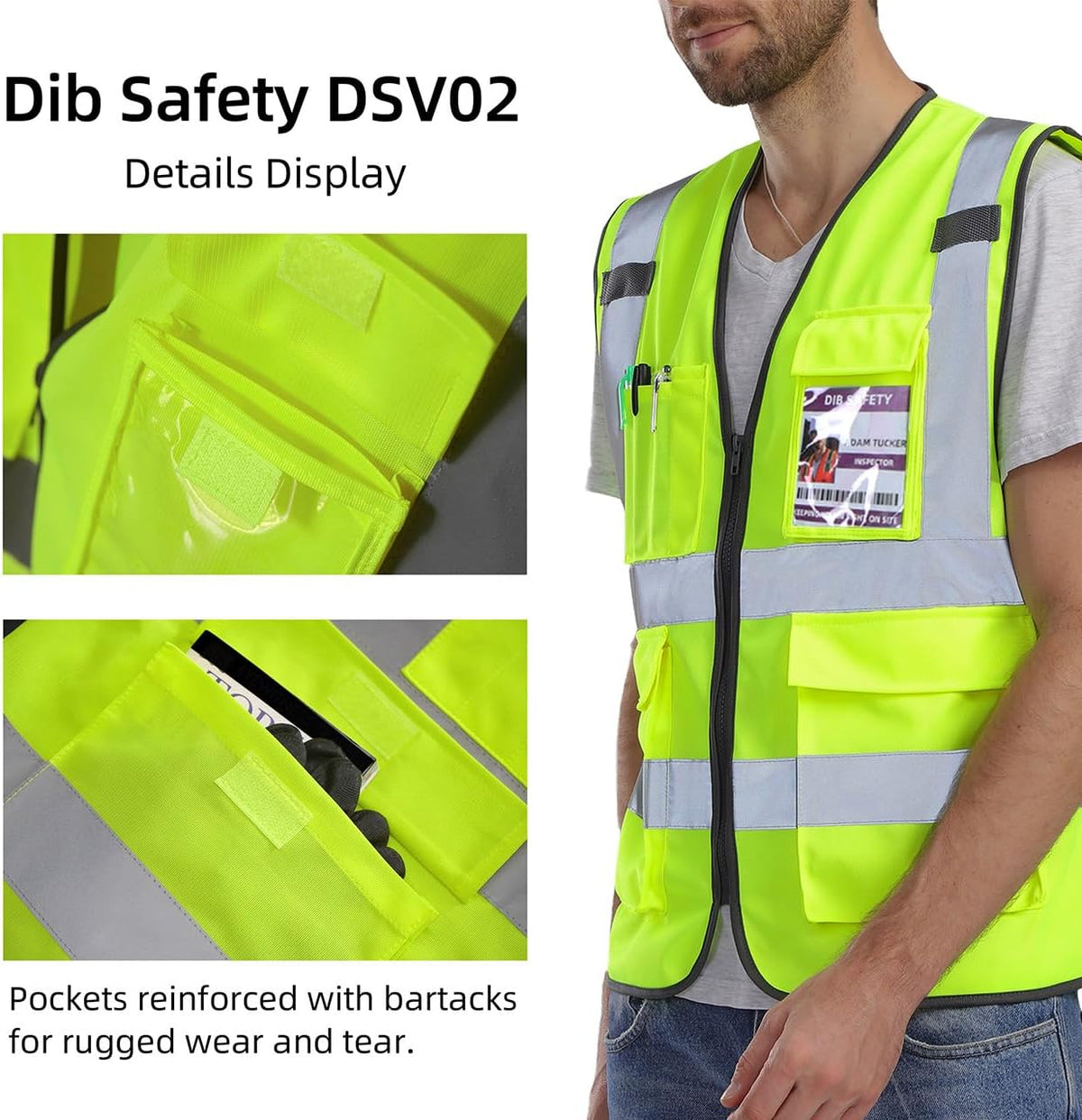 Dib Safety Reflective Safety Vest for Men Women, High Visibility Vest with Pockets and Zipper, ANSI Class 2