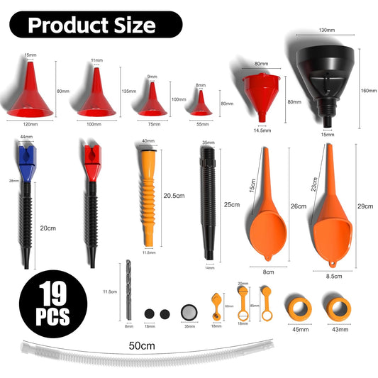 KJE 19 Pcs Automotive Funnel Set, Spout Replacements, Plastic Wide Mouth Transmission Funnels, Flexible Oil Funnel Kit for Automotive Use