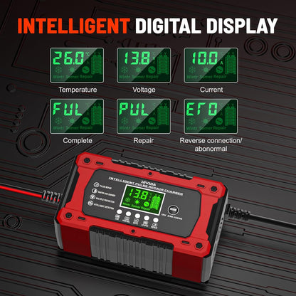 Battery Charger 15A 12V Fully Automatic Smart Trickle Car Battery Charger Maintainer with LCD Display & Temperature Compensation for Car Truck Motorcycle Lawn Mower Boat