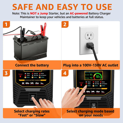 PLXX 12V 24V Car Battery Charger Heavy Duty 0-15A Automatic Smart Trickle Charger with Auto Shutoffs, Repair, Winter Mode, for Automotive Car Truck Motorcycle Lawn Mower Boat Marine AGM