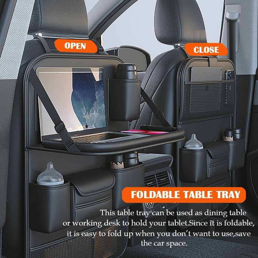 2 Pack Leather Car Backseat Organizer with Foldable Table Tray, Universal Car Seat Back Protector Kick Mat with Touchscreen Tablet Holder, Storage Pockets, Cup Holders & Tissue Holder, Black