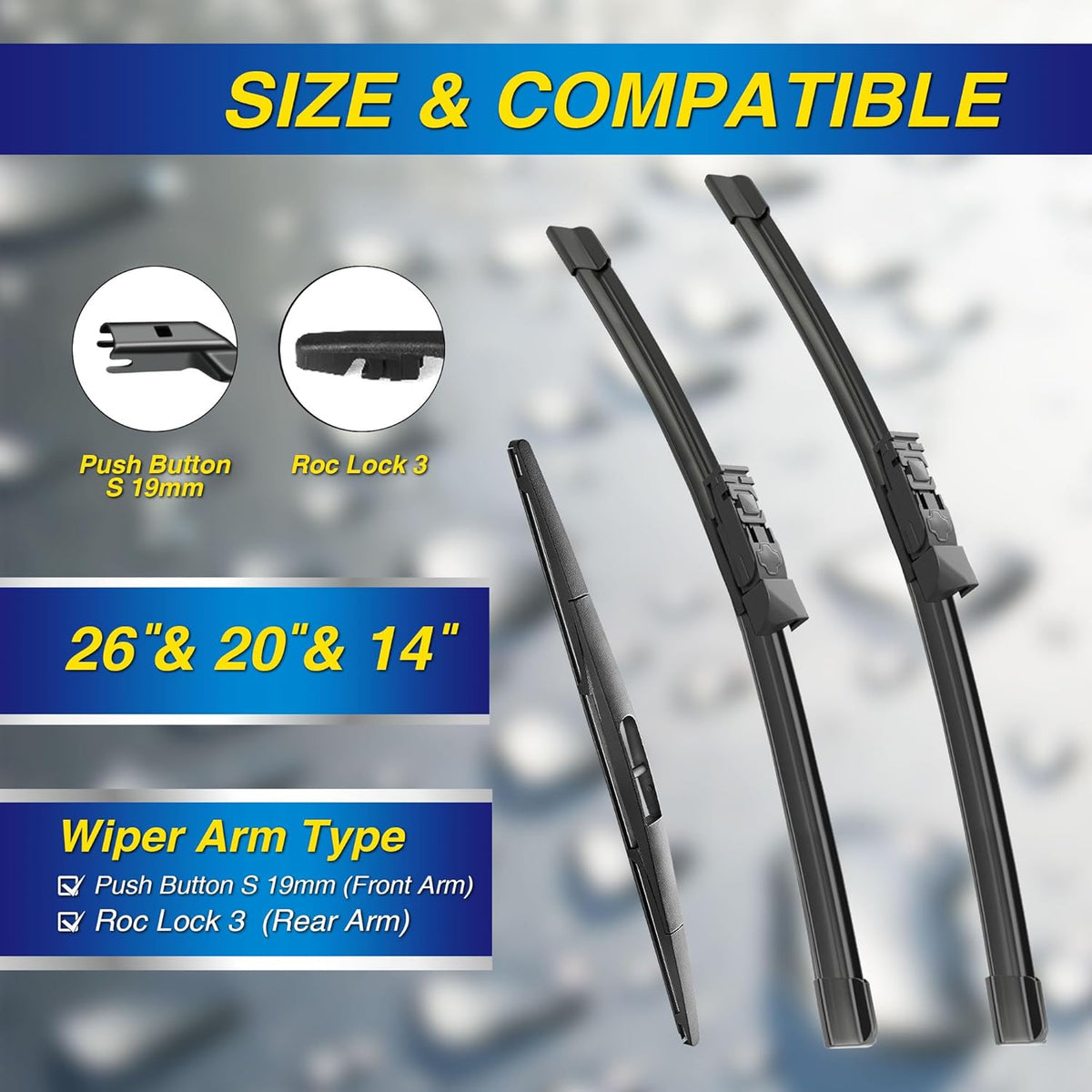 5 PLUS® Silicone Windshield Wipers Replacement for 2019-2024 Toyota RAV4/ 2006-2015 Mazda 5 Wiper Blades(Set of 3), Windshield Wiper Blades For My Car-26"/16"/12" - Colors B