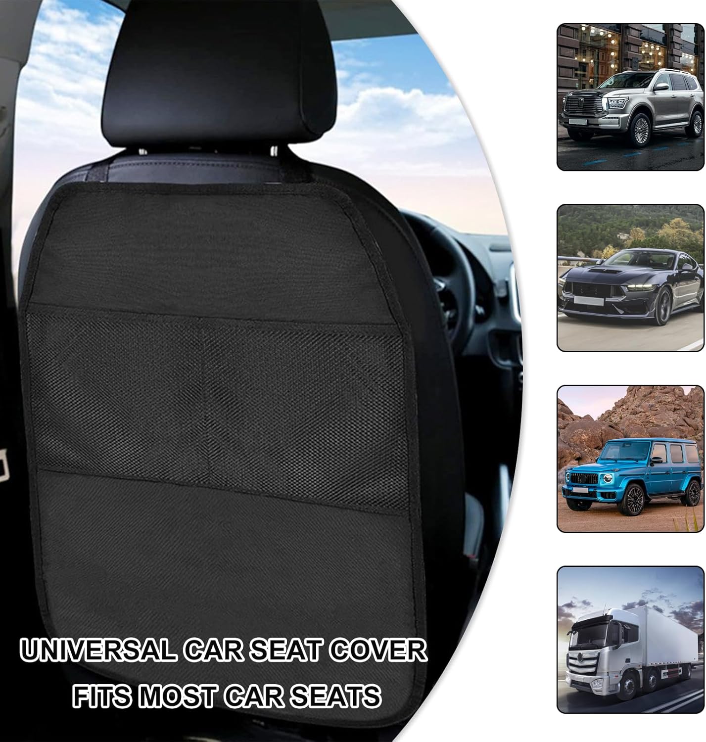 2 PCS Kick Mat Back Seat Protector, Waterproof Car Backseat Protective Kick Mat with 2 Mesh Pockets, Large Vehicle Seat Back Kick Mat Organizer for Kids, Car Accessories