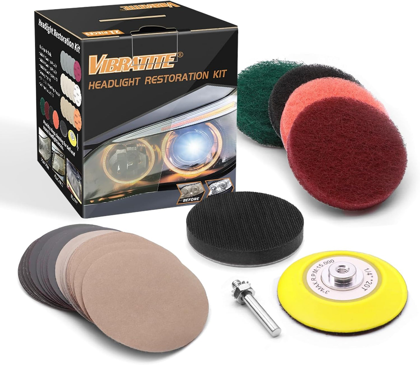 Car Headlight Restoration Kit, 3 Inch Car Polishing Sanding Discs with 1/4 Inch Shank Backing, Scouring Pads, Buffing Sponge, Soft Interface, Woolen Buffer, 41PCS