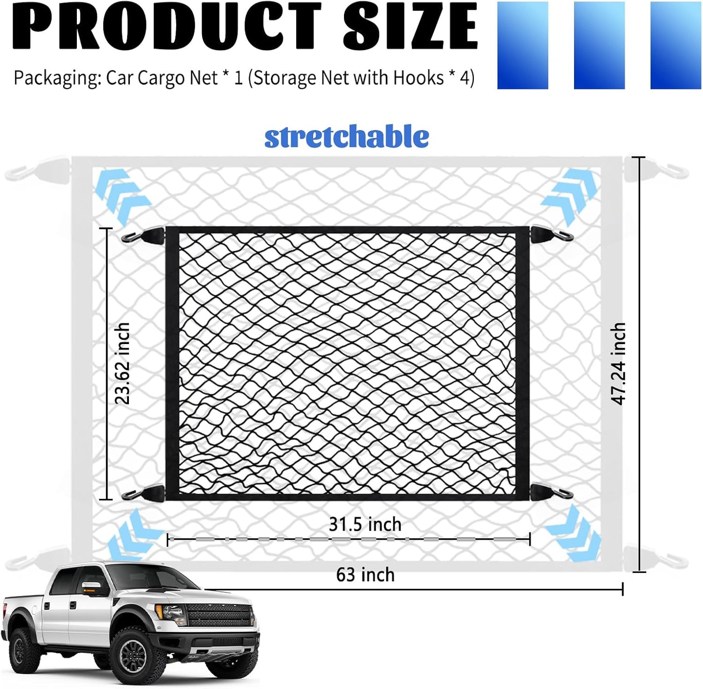 Highly Elastic Cargo Nets for SUV with 4 Hooks,32"x24" Stretch to 63"x47" Truck Cargo Net as Trunk Organizer,Heavy-Duty Truck Bed Cargoes Net for Secure Load Retention