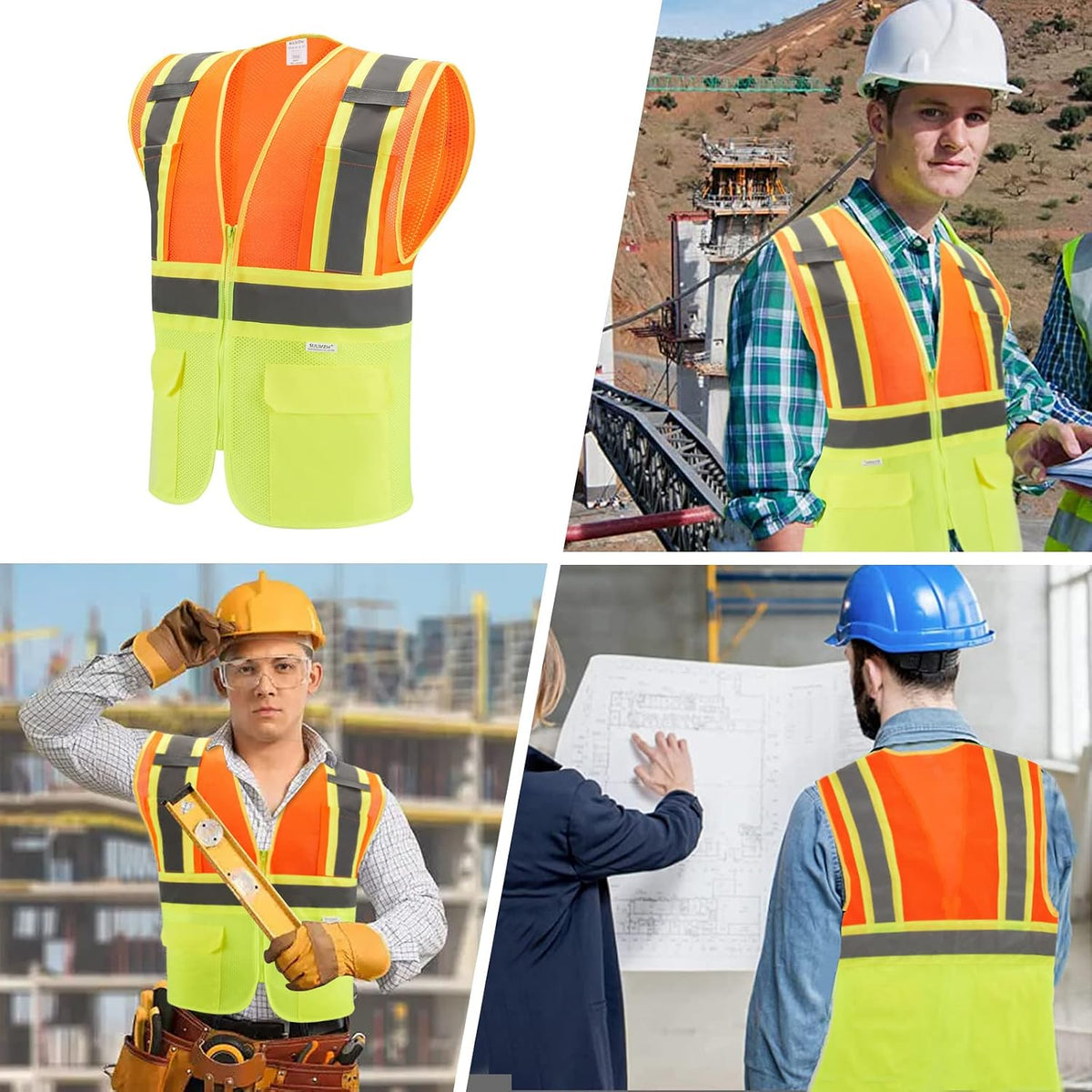 High Visibility Reflective Safety Vest with Zipper and Pockets Orange,M