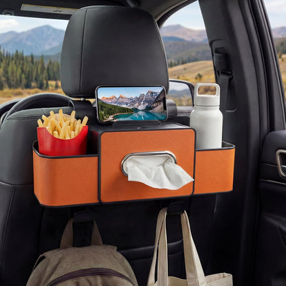 Backseat Car Organizer, 4 in 1 Multifunctional Car Back Seat Storage Organizer with Tissue Box, 2 Cup Holders, Phone Stand and Hooks, Automotive Seat Back Organizers (White)