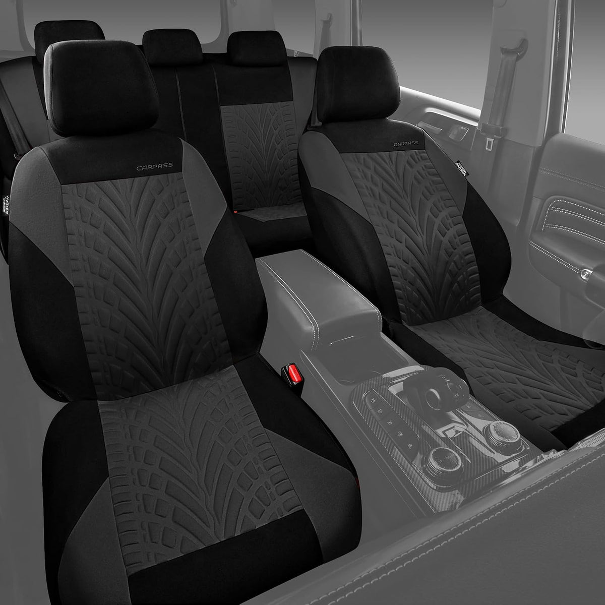 CAR PASS Car Seat Covers Full Sets, Front & Split Rear Bench for Car, 3D Tyre Embossed Automotive Interior Covers, Airbag Compatible, Quick Setup Universal Fit Seat Covers for Car, SUV(Charcoal)