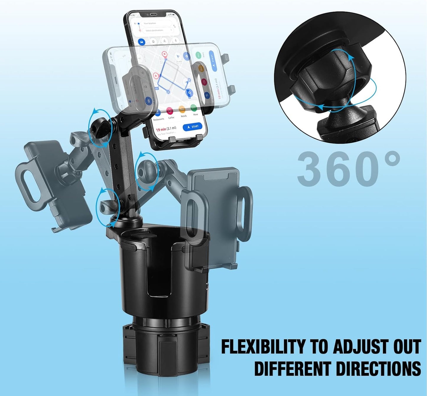 Cup Holder Phone Mount, 2 in 1 Cup Holder Expander for Car Long Arm with 360°Rotation Cup Holder Cell Phone Holder for Car Compatible with All Smartphones