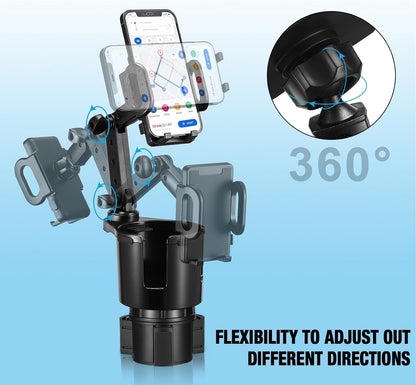 Cup Holder Phone Mount, 2 in 1 Cup Holder Expander for Car Long Arm with 360°Rotation Cup Holder Cell Phone Holder for Car Compatible with All Smartphones