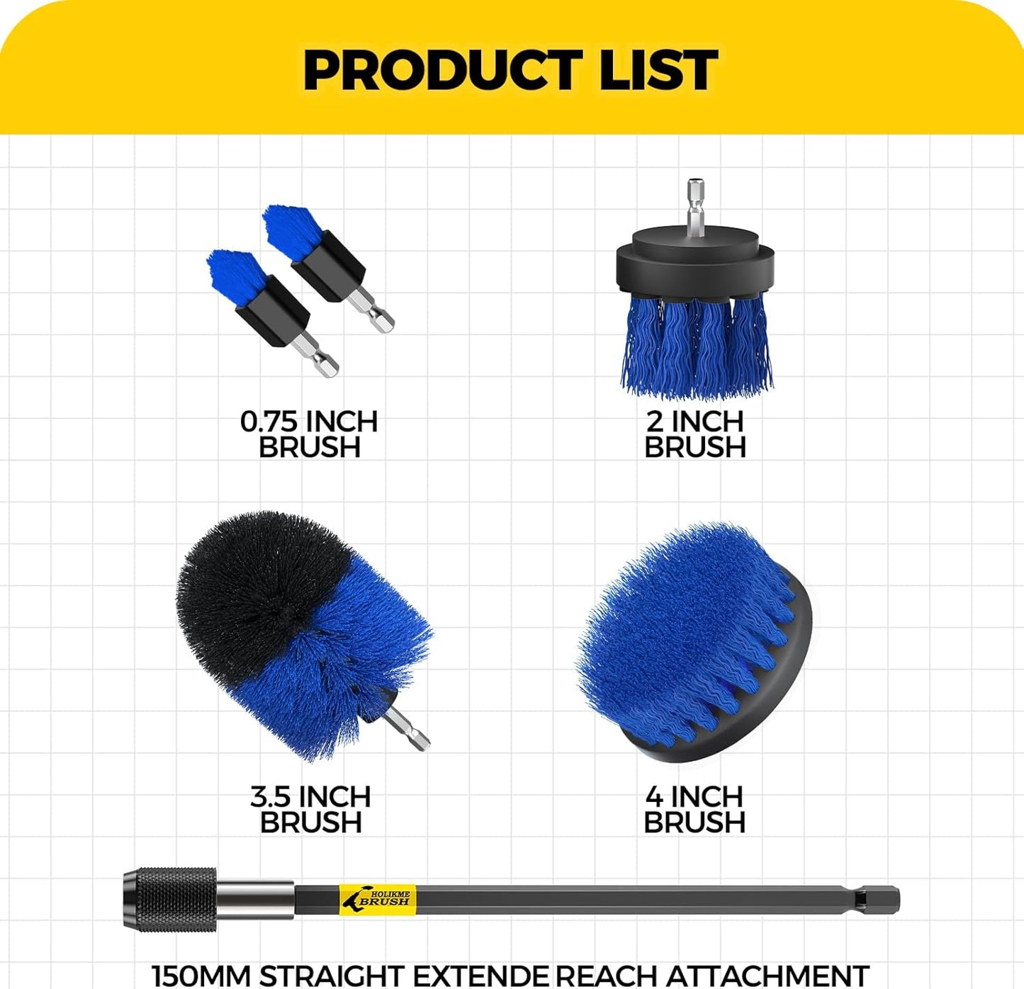 Holikme 6Pack Drill Brush Power Scrubber Cleaning Brush Extended Long Attachment Set All Purpose Drill Scrub Brushes Kit for Grout, Floor, Tub, Bathroom and Kitchen Surface,Scratch Brushes（Yellow）