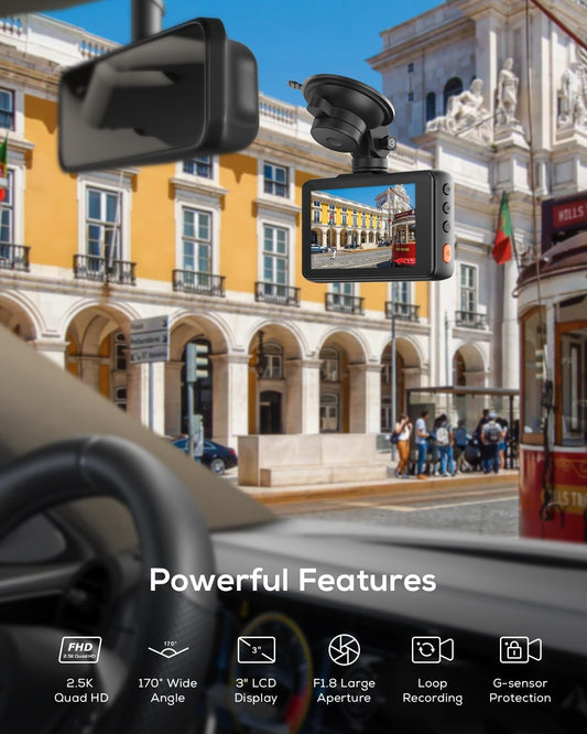 iZEEKER 2.5K Dash Cam, 1440P QHD Car Camera with 3" IPS Display, Night Vision, WDR, 170°Wide Angle, Loop Recording, G-Sensor Emergency Recording, 24H Parking Mode, Type C(No SD Card)