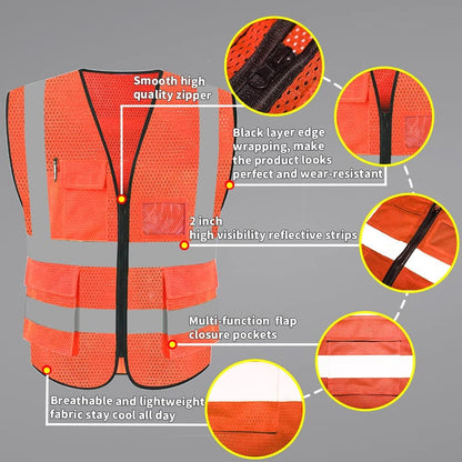 HYCOPROT High Visibility Mesh Safety Reflective Vest with Pockets and Zipper, Meets ANSI/ISEA Standards