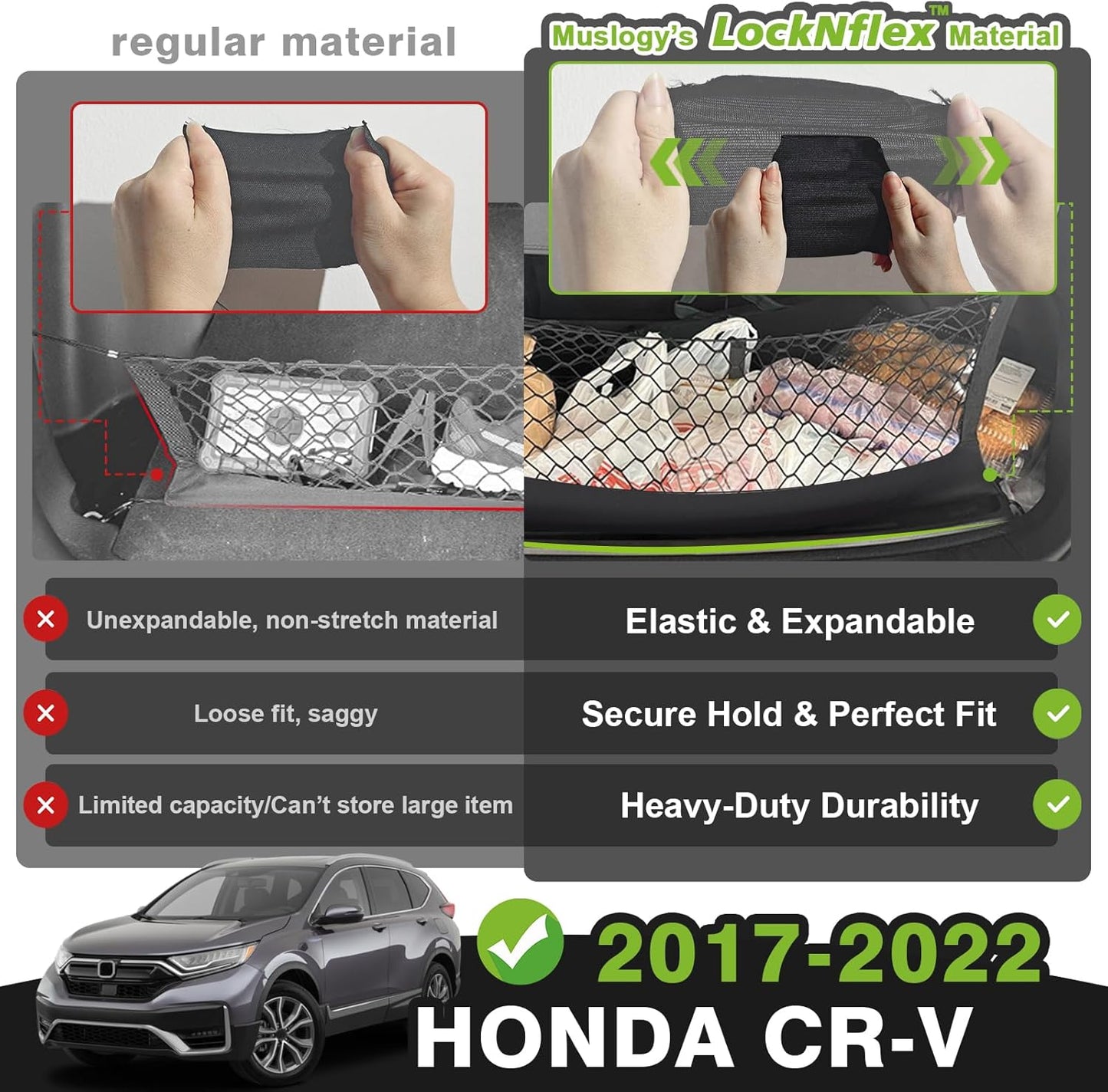 Muslogy Truck Bed Cargo Net Trunk Netting Compatible with 2023-2025 2026 Honda CR-V Accessories, Pickup Cargo Organizer SUV Sedan Storage Net w/Heavy Duty Carabiners - Colors B