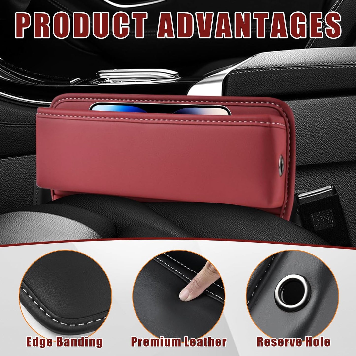 Ziciner Car Seat Gap Organizer, Premium Leather Auto Seat Storage Box, Vehicle Adjustable Front Seat Gap Filler, Car Seat Side Pocket Organizer for Phones, Glasses, Keys, Money, Cards (Black)