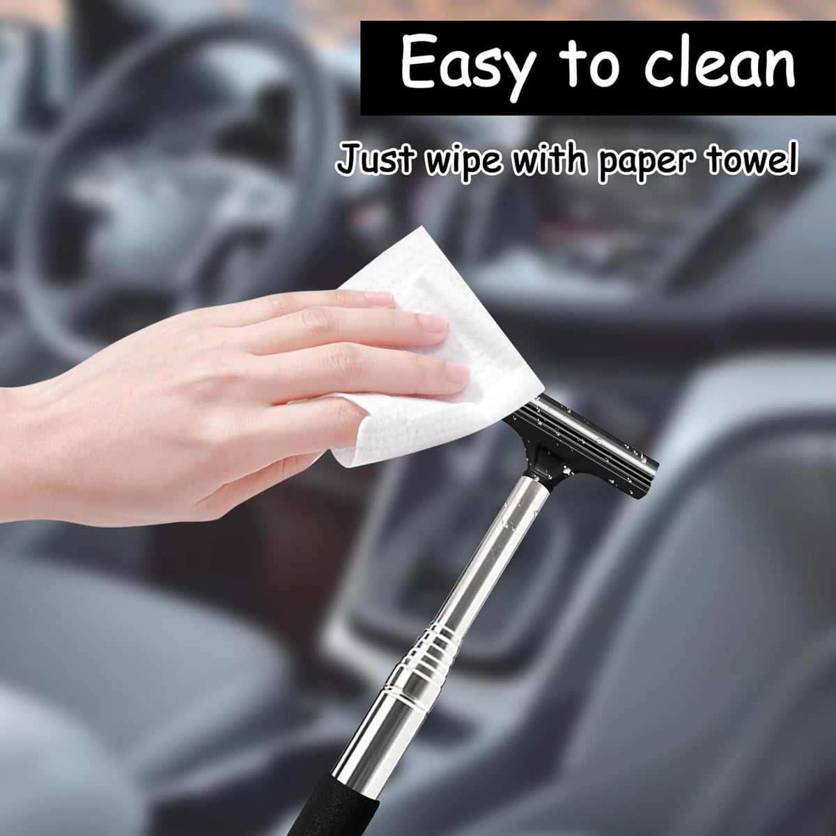 1 Pcs Car Window Mini Squeegee Retractable Auto Glass Squeegee Car Rearview Mirror Wiper Water Cleaner with Telescopic Long Rod Portable Cleaning Tools for All Vehicles (Black)