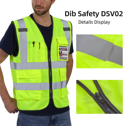 Dib Safety Reflective Safety Vest for Men Women, High Visibility Vest with Pockets and Zipper, ANSI Class 2