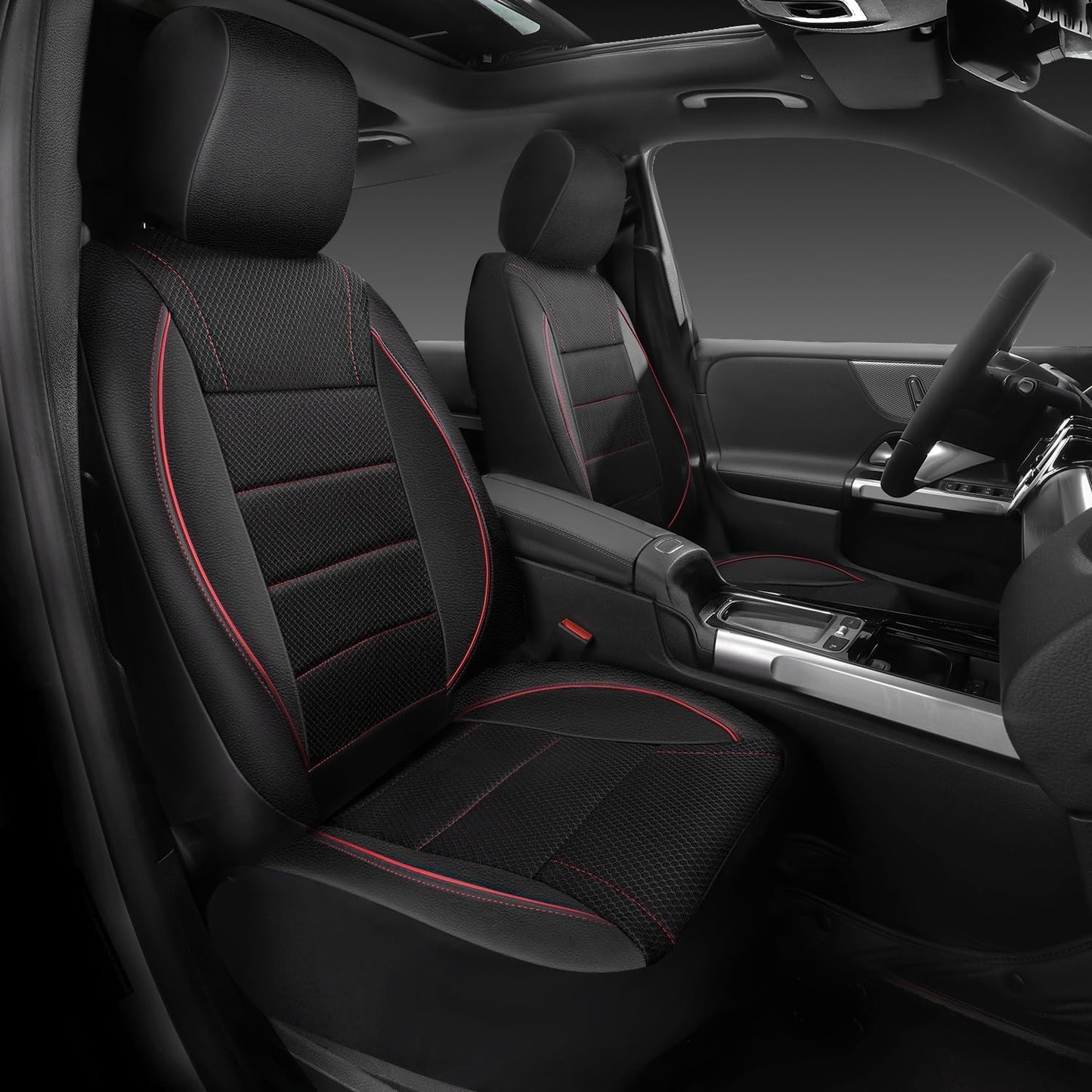 CAR PASS Universal FIT Piping Leather Two Front Seat Covers, Waterproof Faux Leather for SUV Sedan Van Truck, Airbag Compatible,Reserved Opening Holes for Headrest Covers. (Black red)