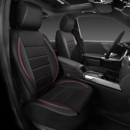 CAR PASS Universal FIT Piping Leather Two Front Seat Covers, Waterproof Faux Leather for SUV Sedan Van Truck, Airbag Compatible,Reserved Opening Holes for Headrest Covers. (Black red)