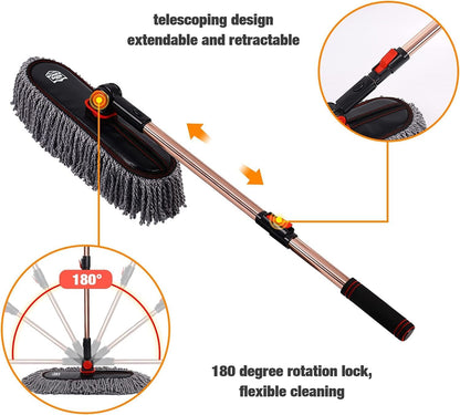 Car Duster Exterior Scratch Free,Car Dust Brush with Extendable Telescoping Handle to Remove Dust Pollen,Duster for Car,Truck,RV and Motorcycle,Large Auto Mop Duster Head, Wax Cotton Hair