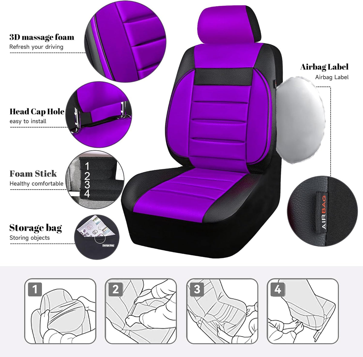 CAR PASS Faux Leather Car Seat Covers Front Seats Only, 3D Foam Support Car Seat Covers, Universal fit for Trucks Vans SUVs Sedans Automotive Comfortable, Airbag Compatible 2 Pieces Front Solid Black