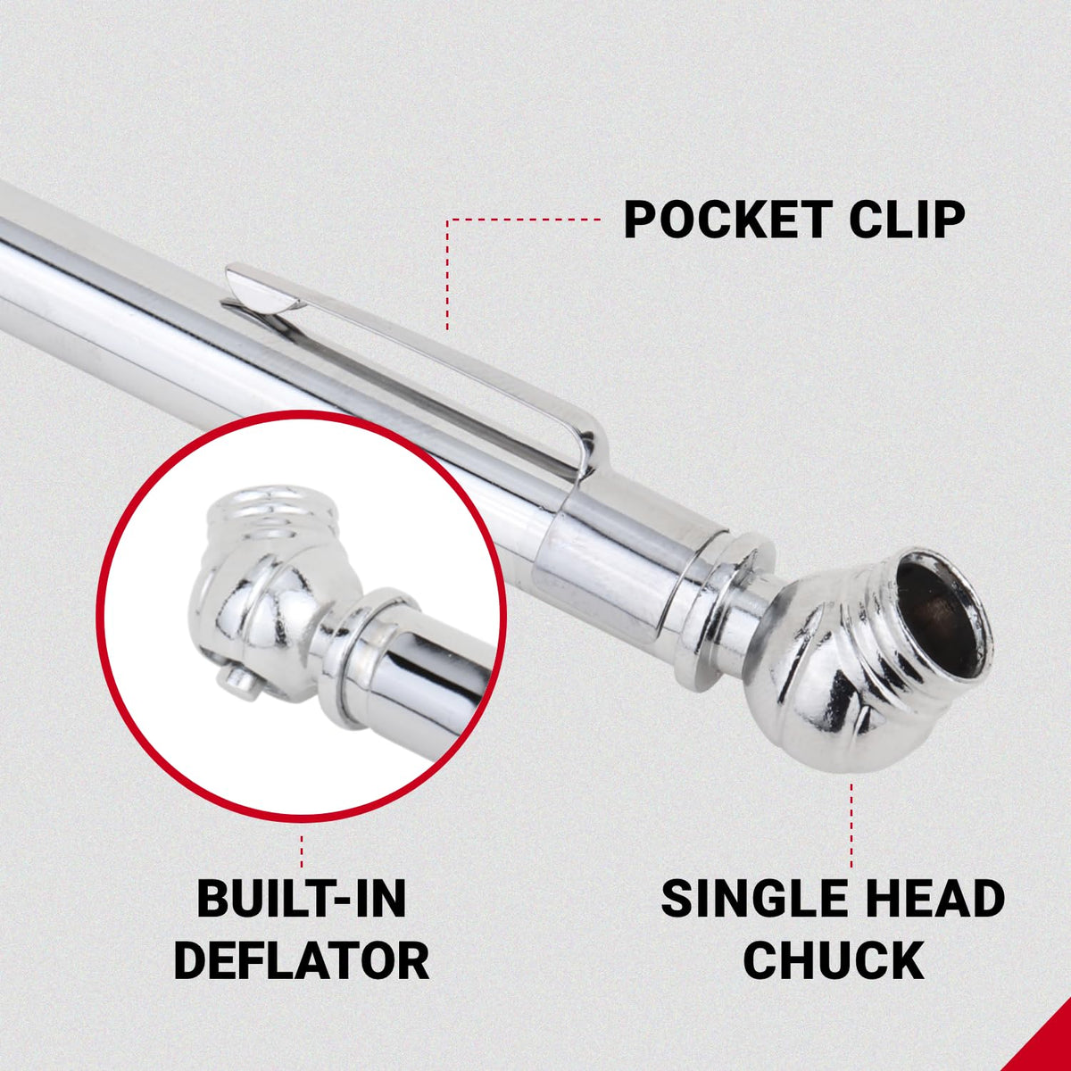 Accu-Gage Pencil Tire Pressure Gauge (2-20 PSI) Heavy Duty Stainless Steel Low Pressure Gauge Single Head Air Chuck wi/Built-in Deflator, 4 Replacement Tire Valve Caps