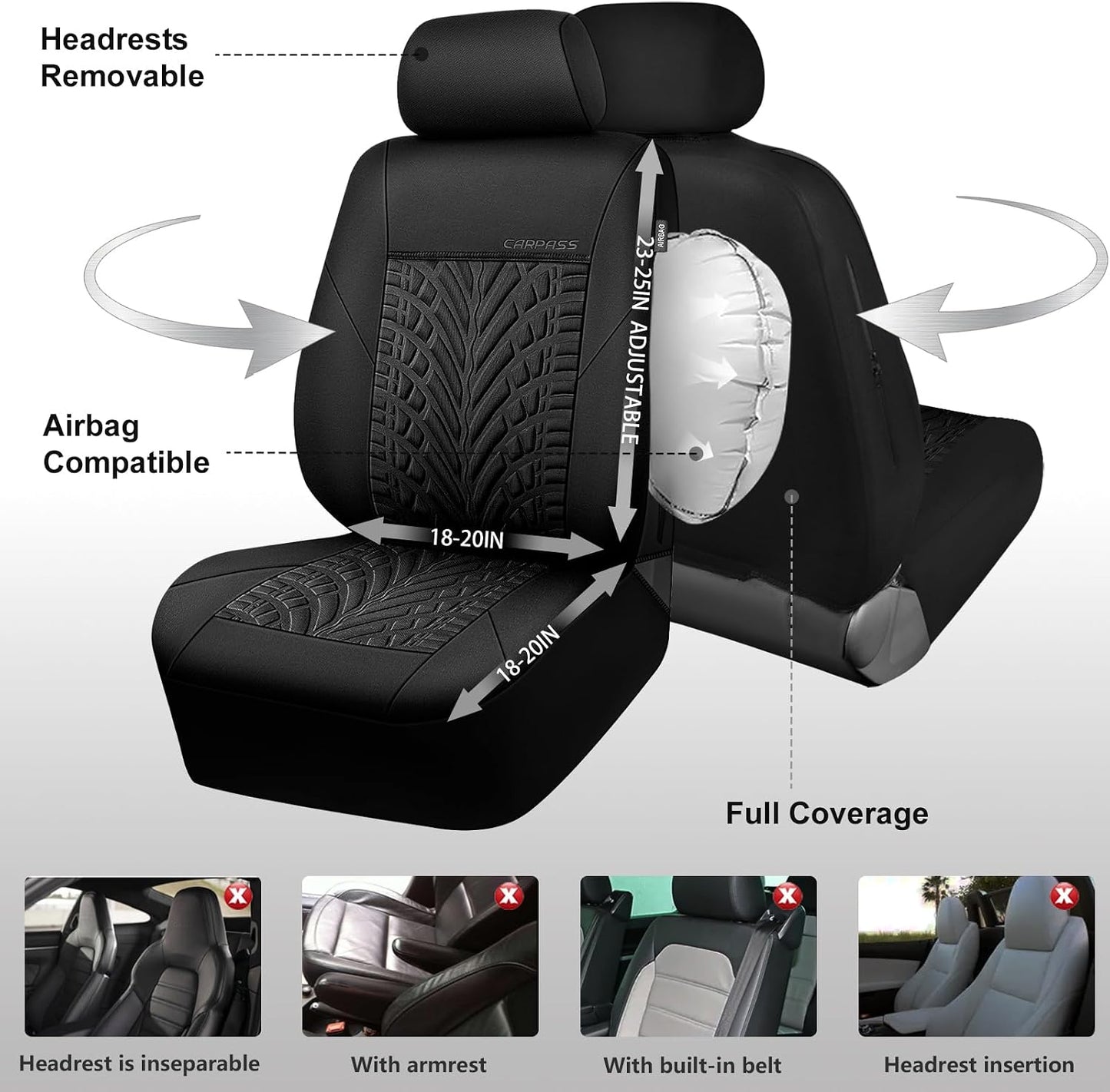 CAR PASS Car Seat Covers Full Sets, Front & Split Rear Bench for Car, 3D Tyre Embossed Automotive Interior Covers, Airbag Compatible, Quick Setup Universal Fit Seat Covers for Car, SUV(Charcoal)