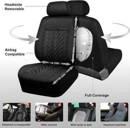 CAR PASS Car Seat Covers Full Sets, Front & Split Rear Bench for Car, 3D Tyre Embossed Automotive Interior Covers, Airbag Compatible, Quick Setup Universal Fit Seat Covers for Car, SUV(Charcoal)