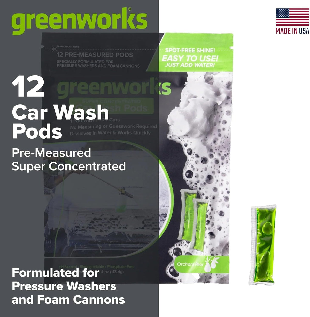 Greenworks Car Wash Pods, High-Foaming Biodegradable Car Soap, Water-Soluble Pre-Measured Pods, Streak-Free Finish, Amazing Scent, 12 Count