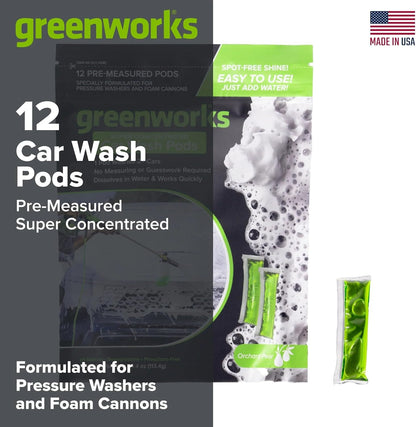 Greenworks Car Wash Pods, High-Foaming Biodegradable Car Soap, Water-Soluble Pre-Measured Pods, Streak-Free Finish, Amazing Scent, 12 Count